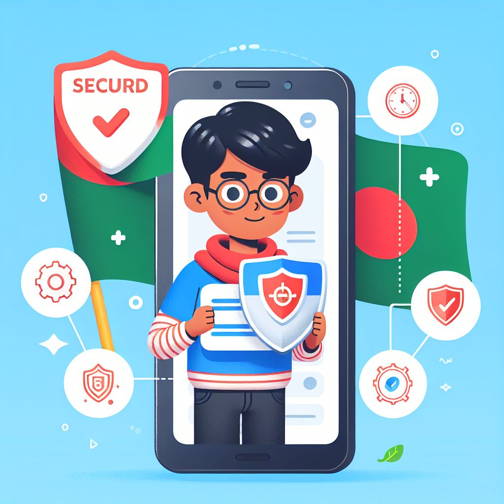 Cartoon character holding a smartphone with a secure app screen and Bangladesh-themed colors